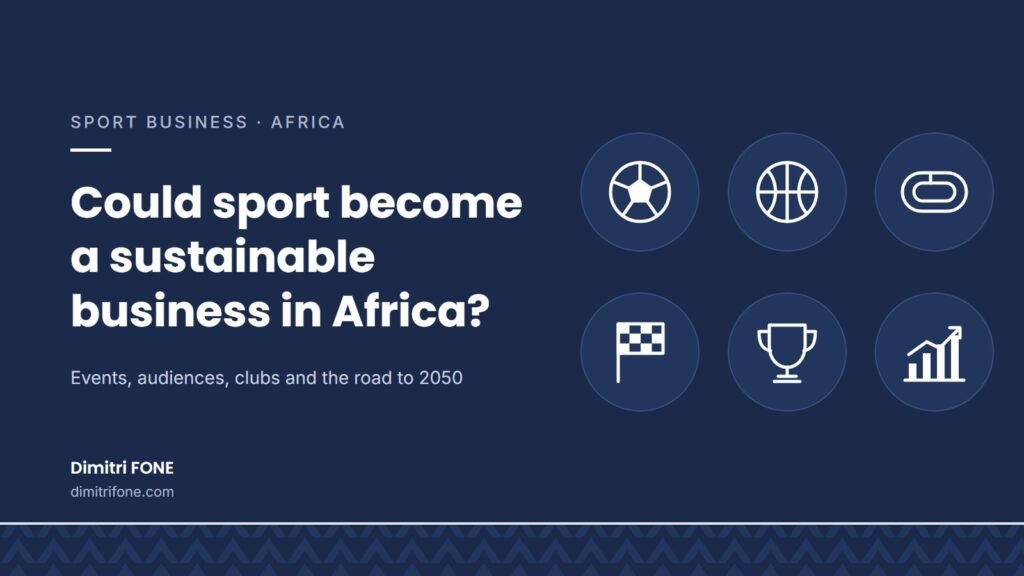 Sport icons (football, basketball, athletics, motorsport, trophy, growth) for an article on sport business in Africa